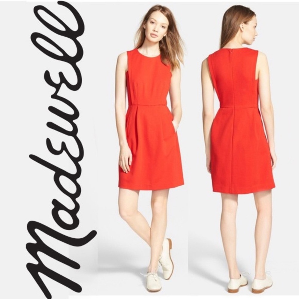 Madewell abroad red sleeveless pleated dress with pockets